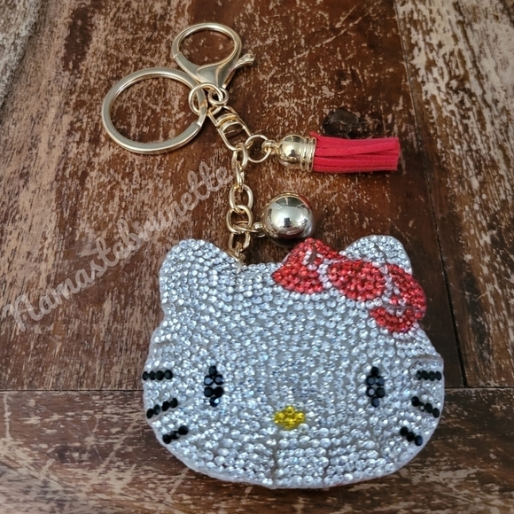 Hello Kitty Red Bow Crystal Rhinestone Keychain Bag Charm with Tan Tassel - Picture 7 of 11